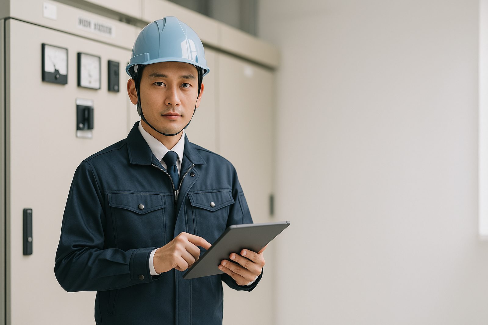 電気管理技術者がタブレットで受変電設備（キュービクル）の点検・記録を行う様子